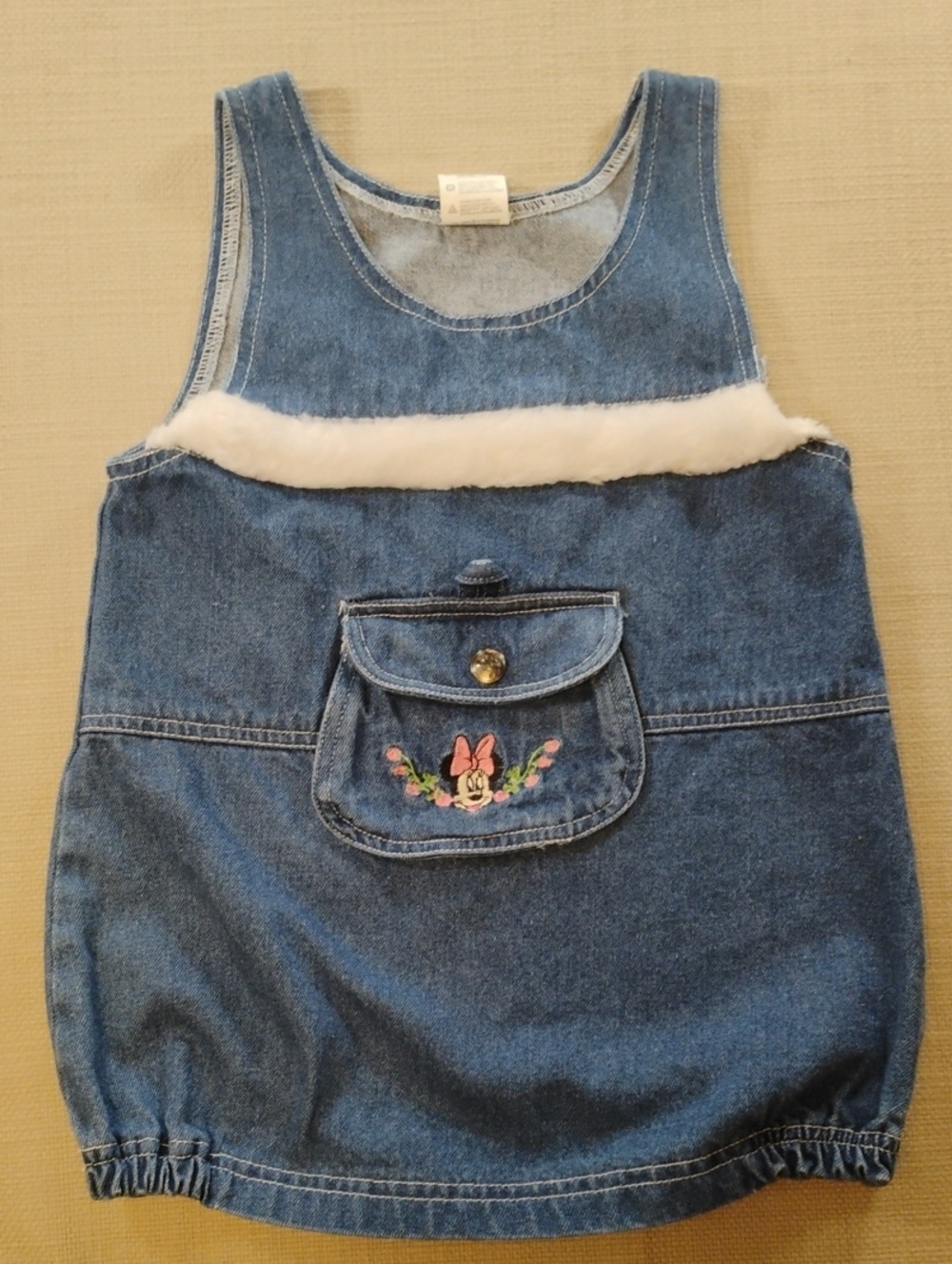 Girls 3T Vintage Minnie Mouse Denim  Pinafore Dress with Faux Fur Trim